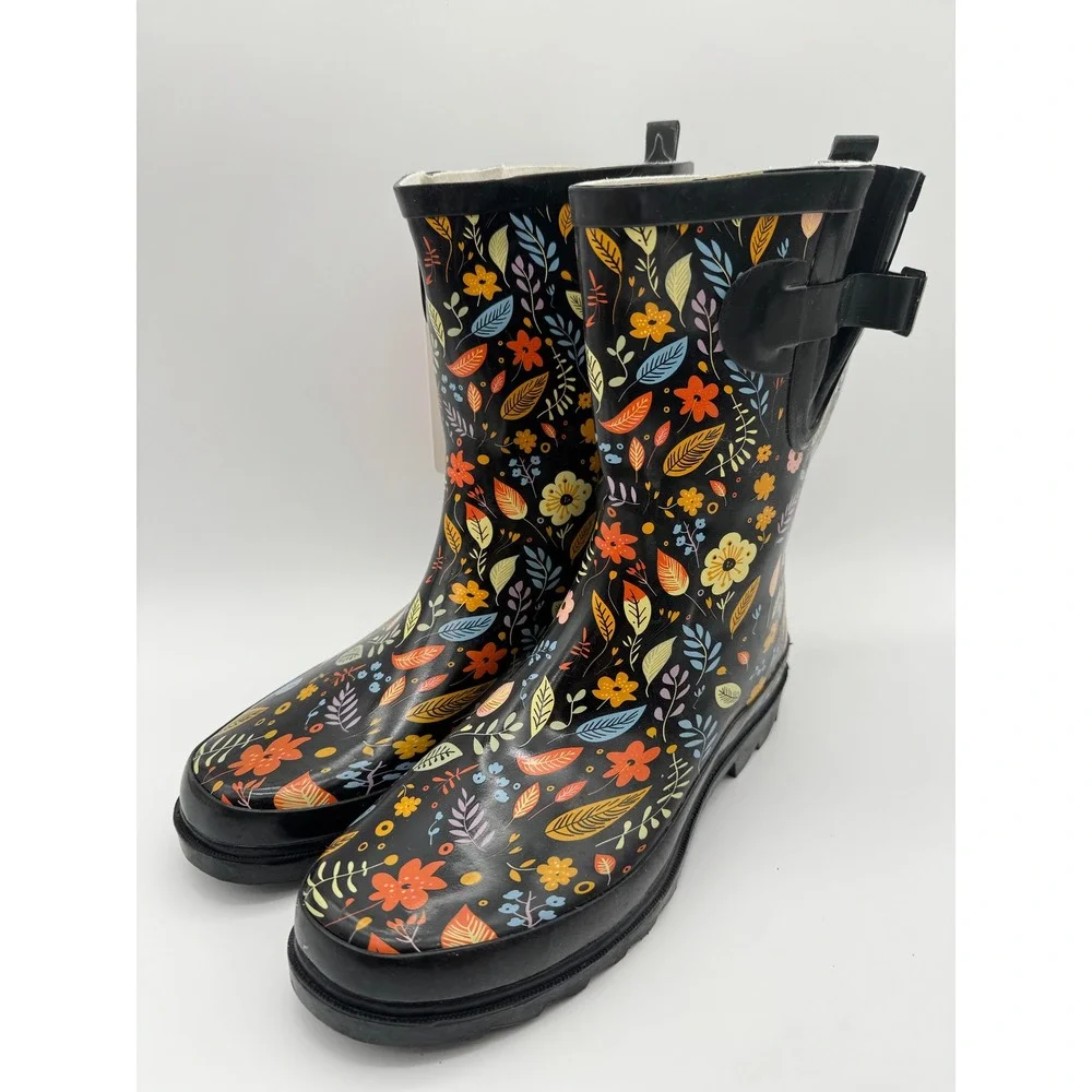 Womens Rain Boots Floral Print Black Waterproof Mid Calf Size 10‎